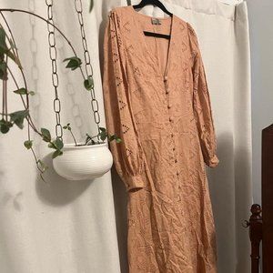 ASOS Eyelet Midi Dress with Buttons, Sleeves - Peach